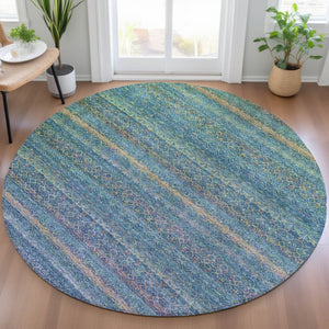 HomeRoots 5' Stylish Teal Blue and Copper Striped Area Rug for Indoor-Outdoor Use - Durable & Washable Design 8' Round 631733