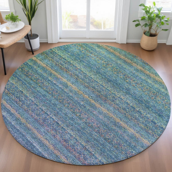 HomeRoots 5' Stylish Teal Blue and Copper Striped Area Rug for Indoor-Outdoor Use - Durable & Washable Design 8' Round 631733