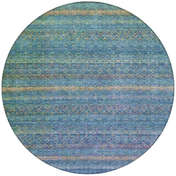 HomeRoots 5' Stylish Teal Blue and Copper Striped Area Rug for Indoor-Outdoor Use - Durable & Washable Design 8' Round 631733