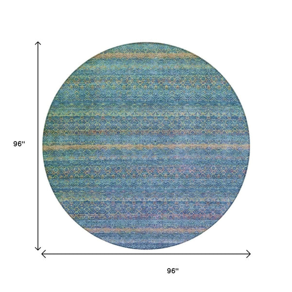 HomeRoots 5' Stylish Teal Blue and Copper Striped Area Rug for Indoor-Outdoor Use - Durable & Washable Design 8' Round 631733