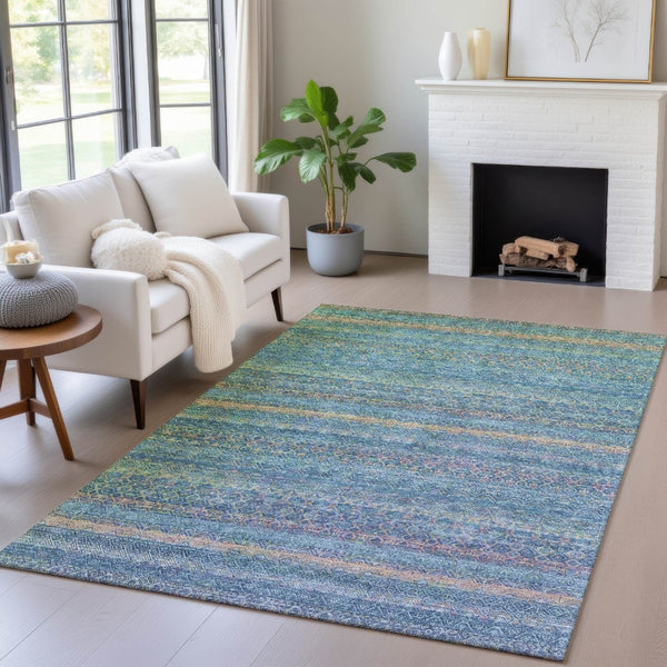 HomeRoots 5' Stylish Teal Blue and Copper Striped Area Rug for Indoor-Outdoor Use - Durable & Washable Design 8' X 10' 631734