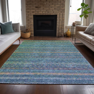 HomeRoots 5' Stylish Teal Blue and Copper Striped Area Rug for Indoor-Outdoor Use - Durable & Washable Design 8' X 10' 631734