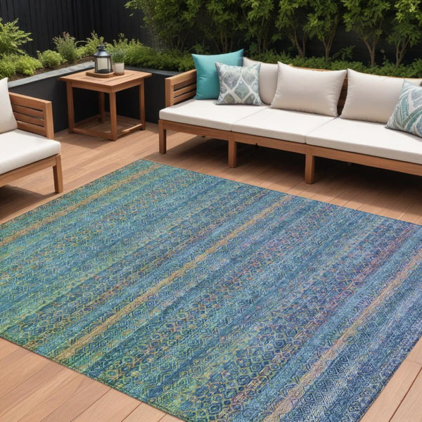 HomeRoots 5' Stylish Teal Blue and Copper Striped Area Rug for Indoor-Outdoor Use - Durable & Washable Design 10' X 14' 631736
