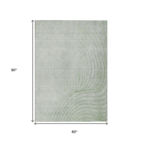 HomeRoots 5' Abstract Artichoke Green and Silver Washable Area Rug for Indoor and Outdoor Durability 5' X 8' 631738