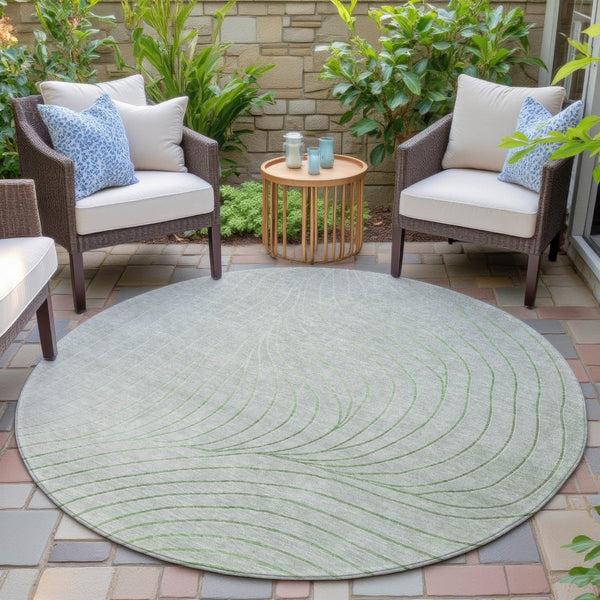 HomeRoots 5' Abstract Artichoke Green and Silver Washable Area Rug for Indoor and Outdoor Durability 8' Round 631739