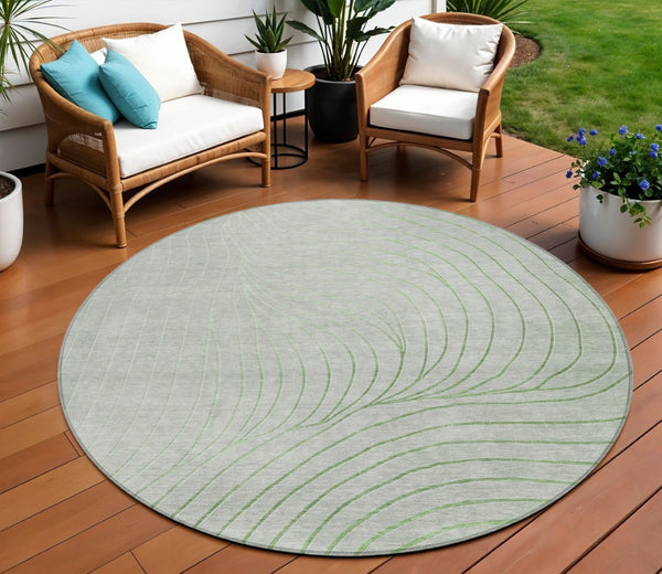 HomeRoots 5' Abstract Artichoke Green and Silver Washable Area Rug for Indoor and Outdoor Durability 8' Round 631739