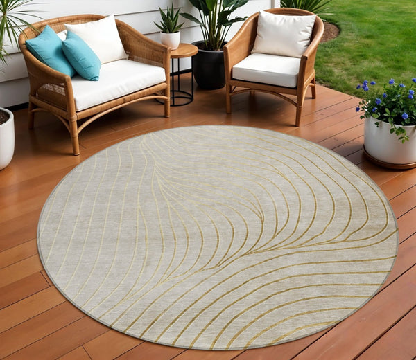 HomeRoots 5' Modern Beige and Silver Abstract Area Rug - Durable, Washable Design for Indoor and Outdoor Use 8' Round 631745