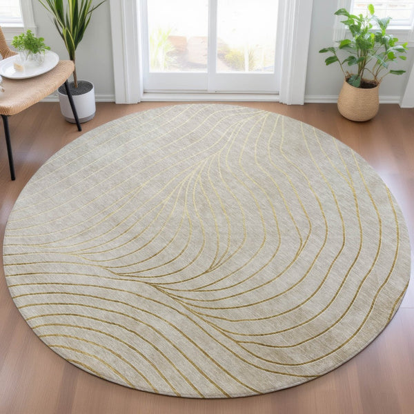 HomeRoots 5' Modern Beige and Silver Abstract Area Rug - Durable, Washable Design for Indoor and Outdoor Use 8' Round 631745