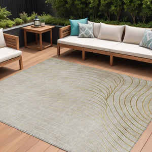 HomeRoots 5' Modern Beige and Silver Abstract Area Rug - Durable, Washable Design for Indoor and Outdoor Use 8' X 10' 631746