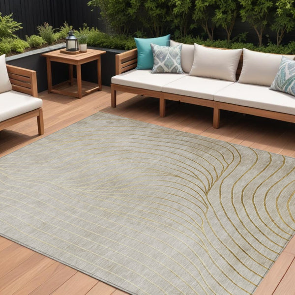 HomeRoots 5' Modern Beige and Silver Abstract Area Rug - Durable, Washable Design for Indoor and Outdoor Use 8' X 10' 631746