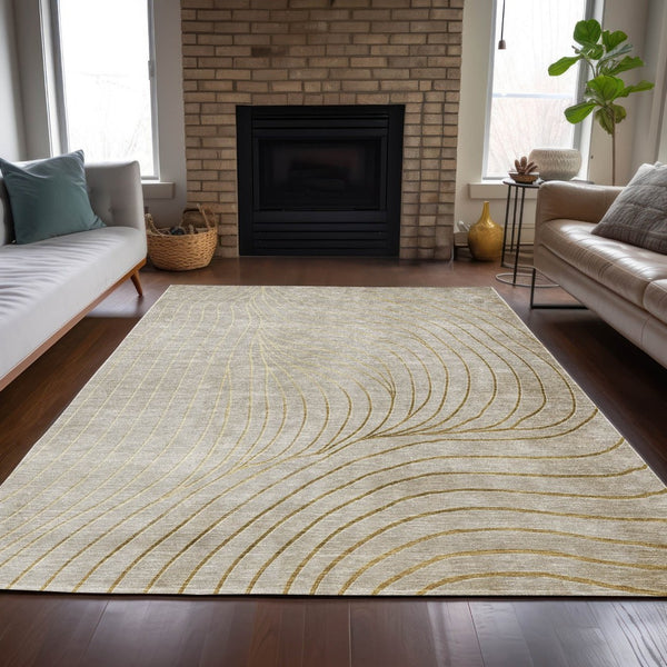 HomeRoots 5' Modern Beige and Silver Abstract Area Rug - Durable, Washable Design for Indoor and Outdoor Use 9' X 12' 631747
