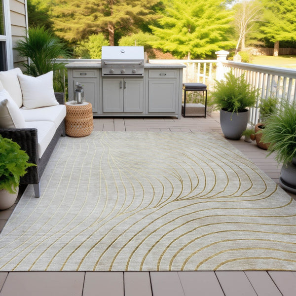 HomeRoots 5' Modern Beige and Silver Abstract Area Rug - Durable, Washable Design for Indoor and Outdoor Use 10' X 14' 631748