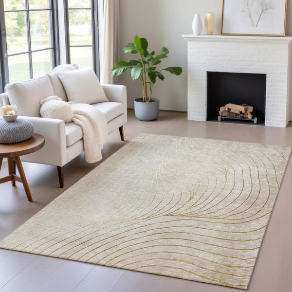 HomeRoots 5' Modern Beige and Silver Abstract Area Rug - Durable, Washable Design for Indoor and Outdoor Use 10' X 14' 631748