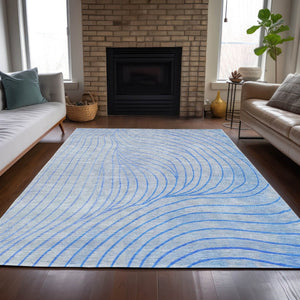 HomeRoots 5' Blue And Silver Abstract Area Rug - Washable, Weather-Resistant, Modern Design for Indoors & Outdoors 5' X 8' 631756