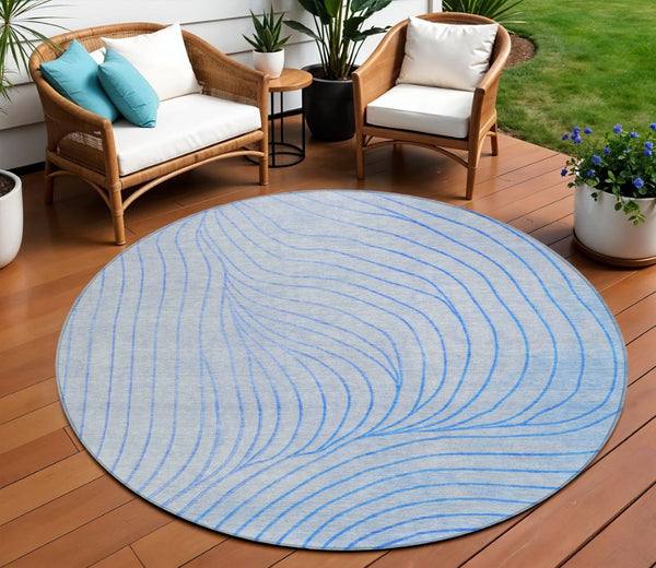 HomeRoots 5' Blue And Silver Abstract Area Rug - Washable, Weather-Resistant, Modern Design for Indoors & Outdoors 8' Round 631757