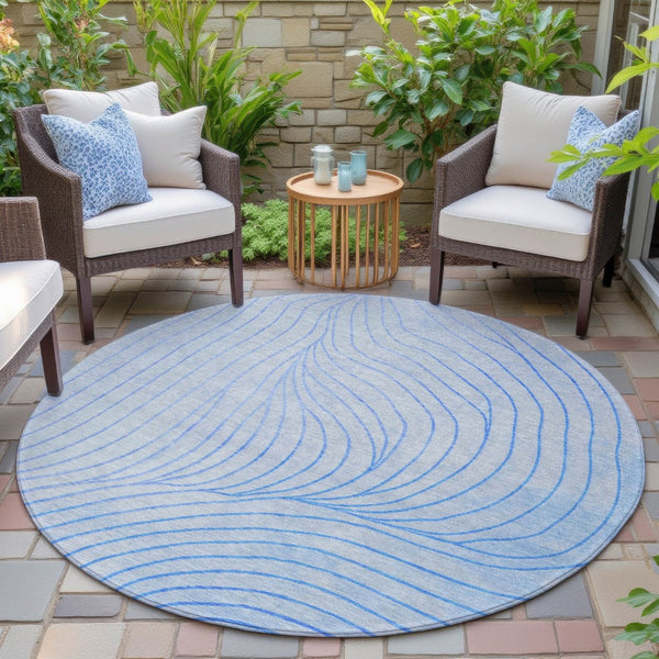 HomeRoots 5' Blue And Silver Abstract Area Rug - Washable, Weather-Resistant, Modern Design for Indoors & Outdoors 8' Round 631757