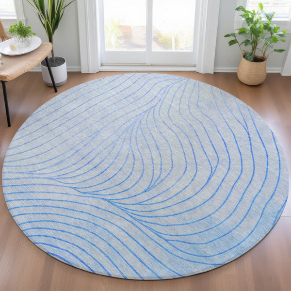 HomeRoots 5' Blue And Silver Abstract Area Rug - Washable, Weather-Resistant, Modern Design for Indoors & Outdoors 8' Round 631757