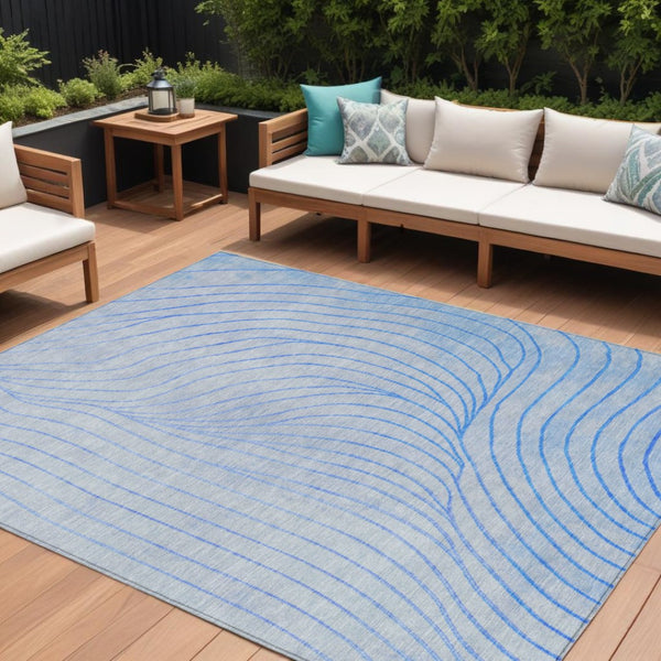 HomeRoots 5' Blue And Silver Abstract Area Rug - Washable, Weather-Resistant, Modern Design for Indoors & Outdoors 9' X 12' 631759