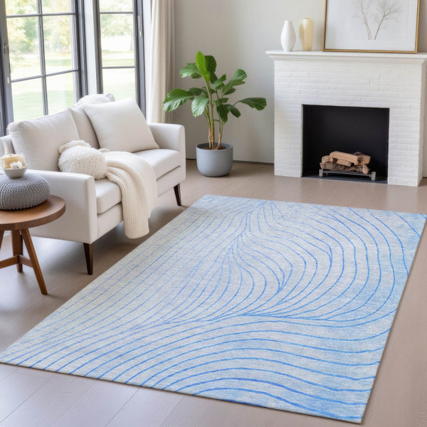 HomeRoots 5' Blue And Silver Abstract Area Rug - Washable, Weather-Resistant, Modern Design for Indoors & Outdoors 9' X 12' 631759