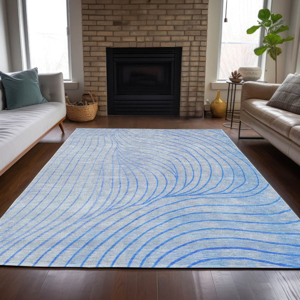 HomeRoots 5' Blue And Silver Abstract Area Rug - Washable, Weather-Resistant, Modern Design for Indoors & Outdoors 9' X 12' 631759