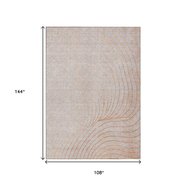 HomeRoots 5' Copper and Silver Abstract Area Rug - Stylish, Washable Indoor-Outdoor Design for Modern Spaces 9' X 12' 631765