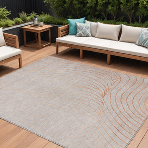 HomeRoots 5' Copper and Silver Abstract Area Rug - Stylish, Washable Indoor-Outdoor Design for Modern Spaces 9' X 12' 631765
