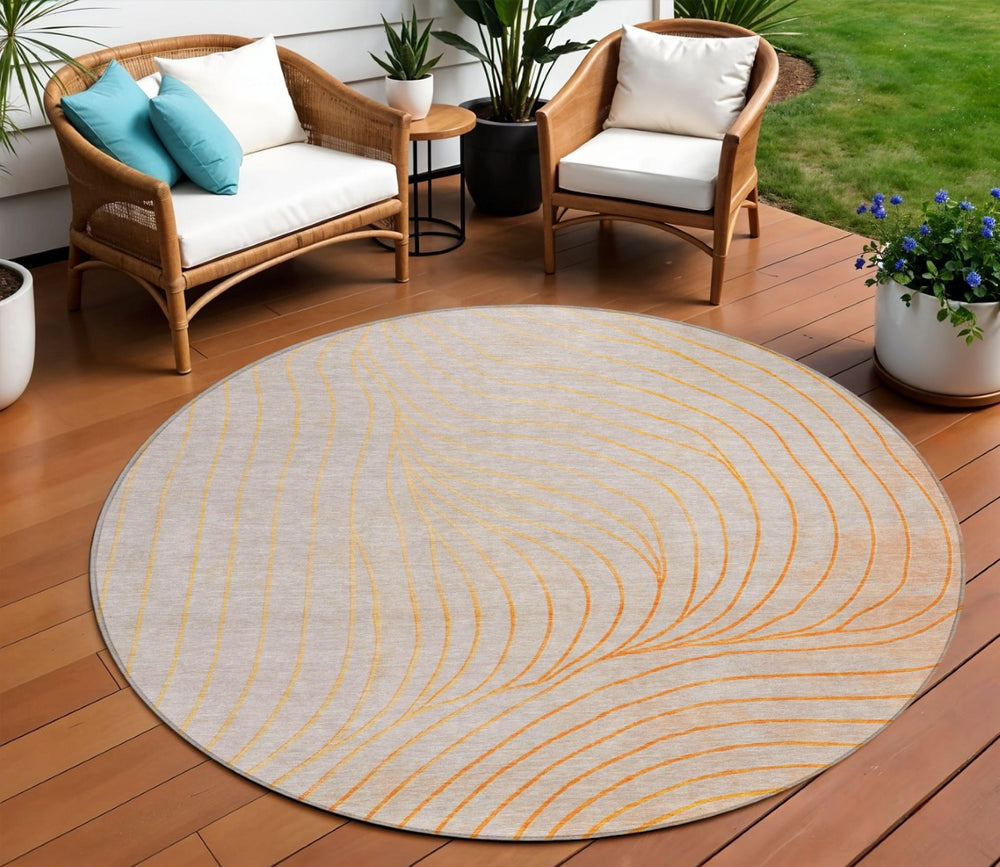 HomeRoots 5' Vibrant Orange and Silver Abstract Area Rug for Indoor and Outdoor Use – Durable & Washable Design 8' Round 631787
