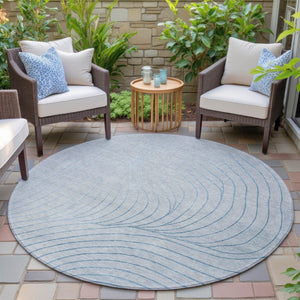 HomeRoots 5' Sky Blue and Silver Abstract Area Rug - Stylish, Washable, Durable for Indoor and Outdoor Use 8' Round 631793