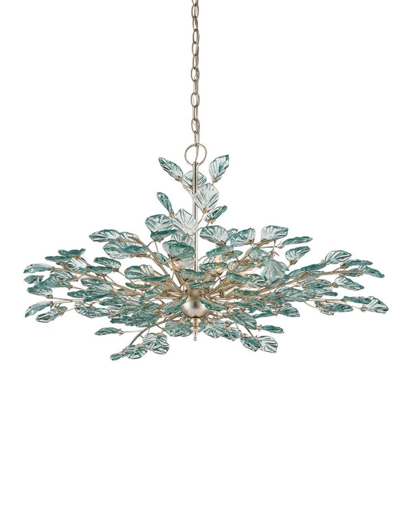 Currey & Company Baobab Medium Silver Chandelier - Elegant Biophilic Design With Recycled Glass Leaves & Dimmable Light Blue Recycled Glass ,Wrought Iron 9000-1293-currey-company