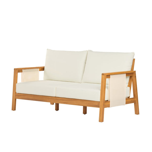 English Elm 2 Piece Outdoor Acacia Wood Loveseat and Coffee Table Set with Textilene Weave Cushions Brown,Teak+ Beige N768P368824T