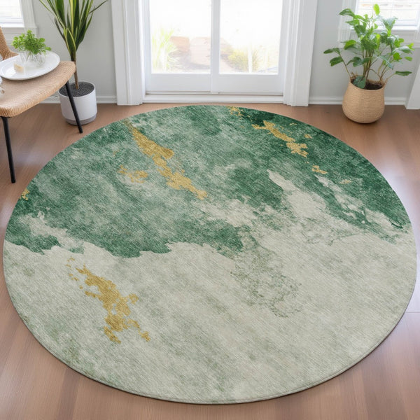 HomeRoots 5' Vibrant Emerald and Gold Abstract Indoor Outdoor Rug - Durable, Washable, Stylish Design for Any Space 8' Round 631805