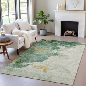 HomeRoots 5' Vibrant Emerald and Gold Abstract Indoor Outdoor Rug - Durable, Washable, Stylish Design for Any Space 9' X 12' 631807