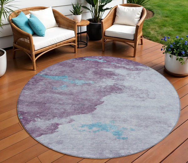 HomeRoots 5' Contemporary Lavender and Teal Blue Abstract Area Rug - Washable for Indoor and Outdoor Use 8' Round 631811