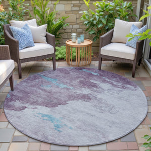 HomeRoots 5' Contemporary Lavender and Teal Blue Abstract Area Rug - Washable for Indoor and Outdoor Use 8' Round 631811