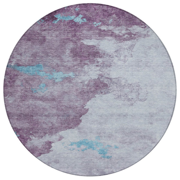 HomeRoots 5' Contemporary Lavender and Teal Blue Abstract Area Rug - Washable for Indoor and Outdoor Use 8' Round 631811