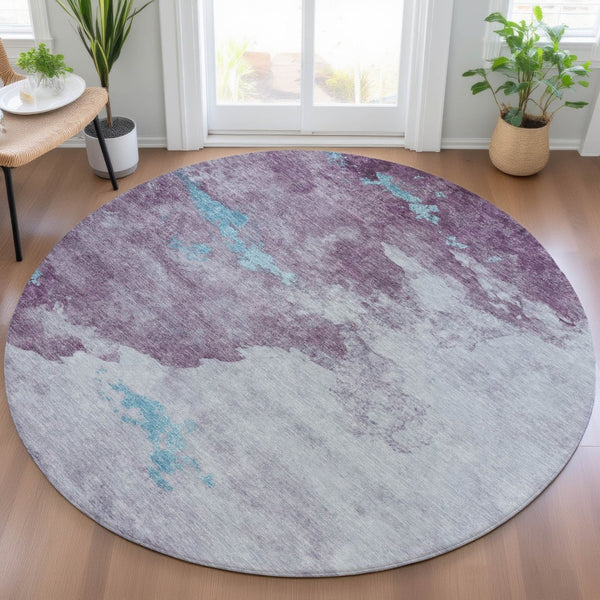 HomeRoots 5' Contemporary Lavender and Teal Blue Abstract Area Rug - Washable for Indoor and Outdoor Use 8' Round 631811