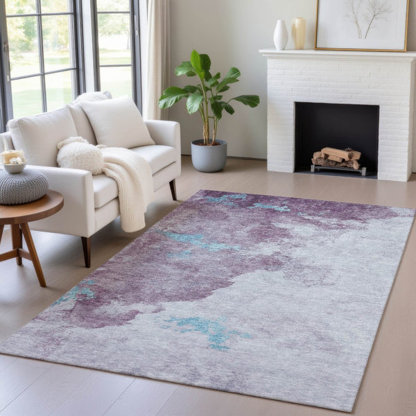 HomeRoots 5' Contemporary Lavender and Teal Blue Abstract Area Rug - Washable for Indoor and Outdoor Use 9' X 12' 631813