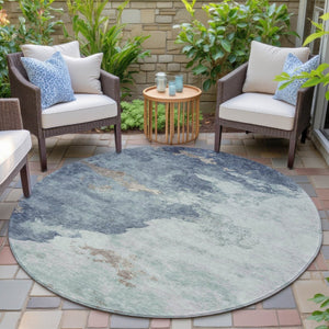 HomeRoots 5' Modern Pale Aqua and Taupe Abstract Area Rug – Washable, Stain-Resistant for Indoor and Outdoor Use 8' Round 631817