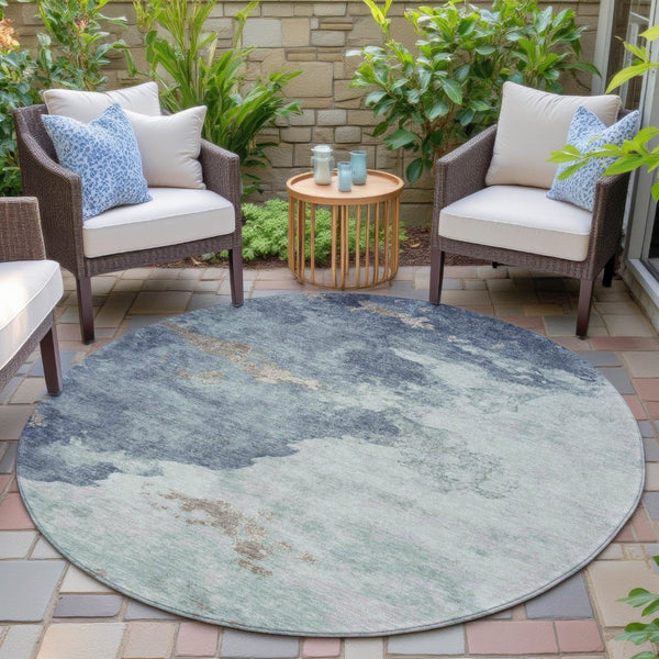 HomeRoots 5' Modern Pale Aqua and Taupe Abstract Area Rug – Washable, Stain-Resistant for Indoor and Outdoor Use 8' Round 631817