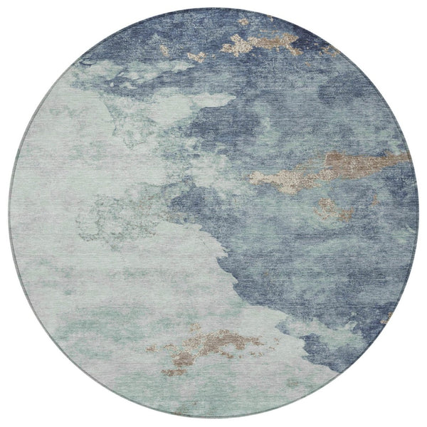HomeRoots 5' Modern Pale Aqua and Taupe Abstract Area Rug – Washable, Stain-Resistant for Indoor and Outdoor Use 8' Round 631817