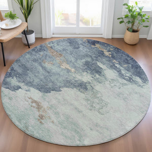 HomeRoots 5' Modern Pale Aqua and Taupe Abstract Area Rug – Washable, Stain-Resistant for Indoor and Outdoor Use 8' Round 631817