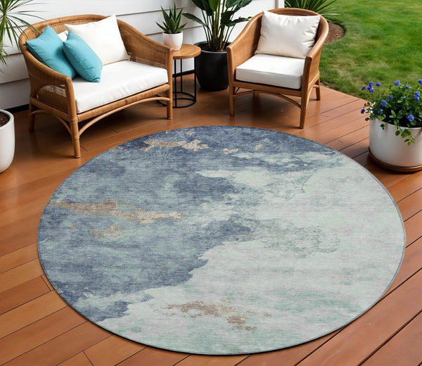 HomeRoots 5' Modern Pale Aqua and Taupe Abstract Area Rug – Washable, Stain-Resistant for Indoor and Outdoor Use 8' Round 631817