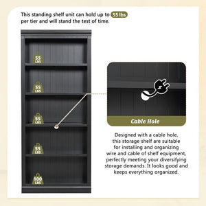 English Elm 83.4" Tall Wood Bookcase with LED Light Strip, 5-Tier Adjustable Shelves, Cable Hole, Modern Black Storage Organizer N751S246934B