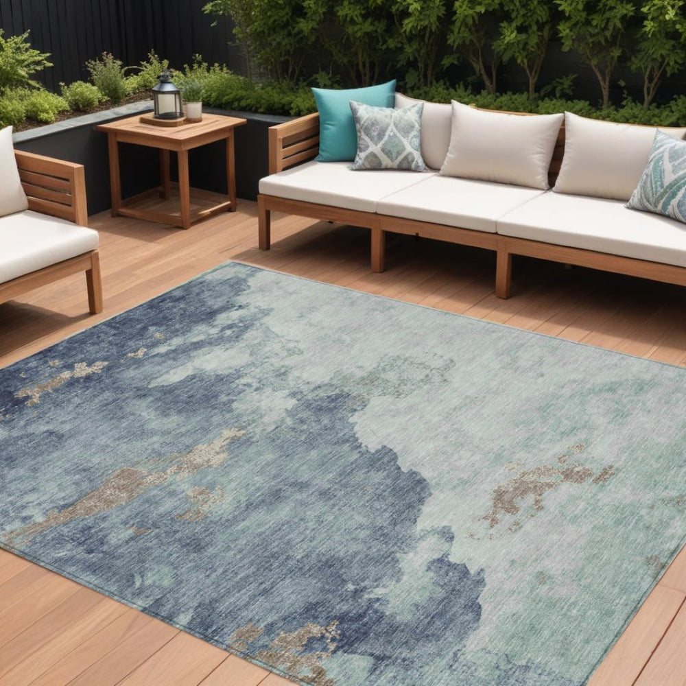 HomeRoots 5' Modern Pale Aqua and Taupe Abstract Area Rug – Washable, Stain-Resistant for Indoor and Outdoor Use 10' X 14' 631820