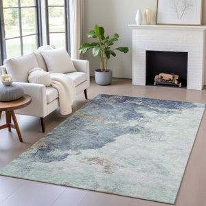 HomeRoots 5' Modern Pale Aqua and Taupe Abstract Area Rug – Washable, Stain-Resistant for Indoor and Outdoor Use 10' X 14' 631820