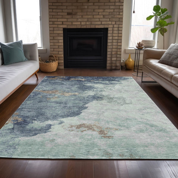 HomeRoots 5' Modern Pale Aqua and Taupe Abstract Area Rug – Washable, Stain-Resistant for Indoor and Outdoor Use 10' X 14' 631820