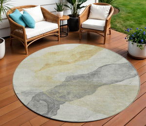 HomeRoots 5' Beige and Gold Abstract Area Rug – Stylish, Washable, Indoor-Outdoor, Durable Design for Any Space 8' Round 631823