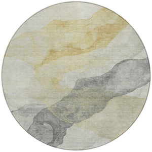 HomeRoots 5' Beige and Gold Abstract Area Rug – Stylish, Washable, Indoor-Outdoor, Durable Design for Any Space 8' Round 631823