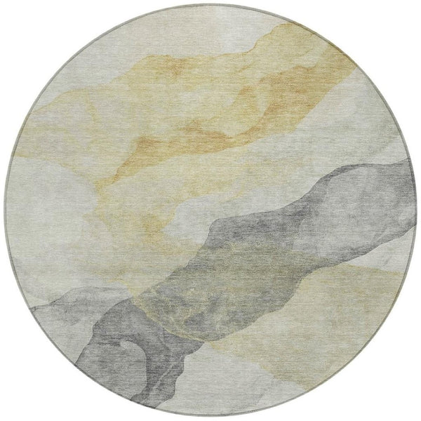 HomeRoots 5' Beige and Gold Abstract Area Rug – Stylish, Washable, Indoor-Outdoor, Durable Design for Any Space 8' Round 631823