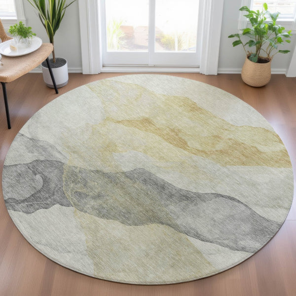 HomeRoots 5' Beige and Gold Abstract Area Rug – Stylish, Washable, Indoor-Outdoor, Durable Design for Any Space 8' Round 631823